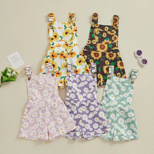 Sunflower Fields: Toddler Girls' Denim Overalls with Adjustable Straps - Curiosity Cottage