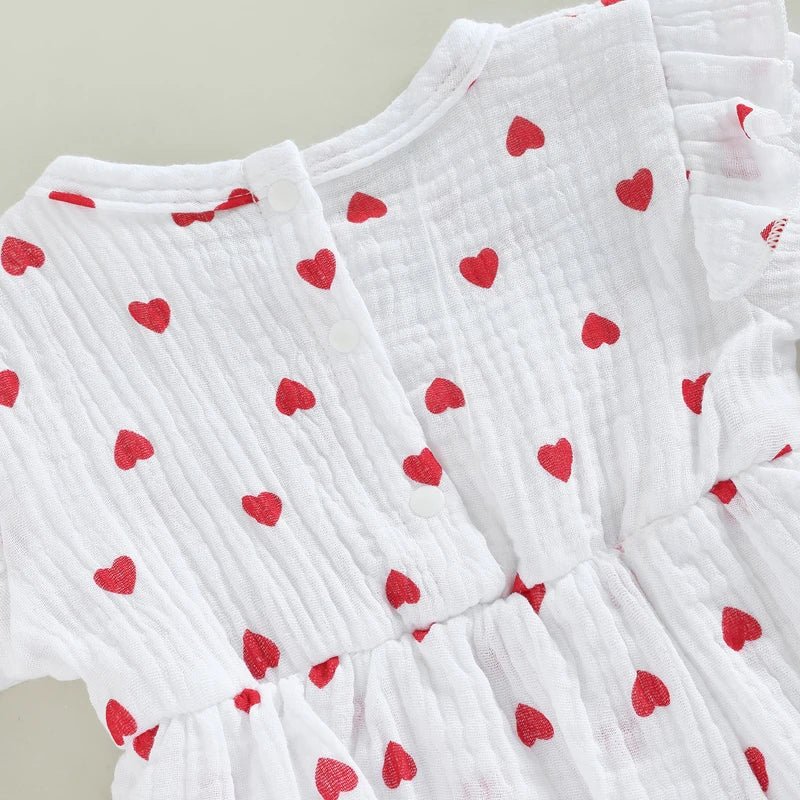 Valentine's Cutie: Baby Girl Heart Print Romper Dress with Headband - Curiosity Cottage